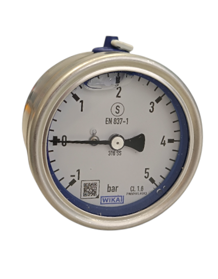 Manometro analogico rango -1 a 5 bar conexion trasera  G 1/4 B de 63 mm con glicerina clase 1,6