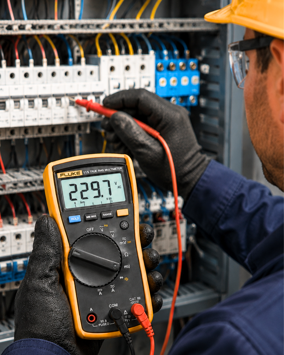 Electricista con guantes de protección usando multímetro digital Fluke para medir 480V en panel de control eléctrico industrial