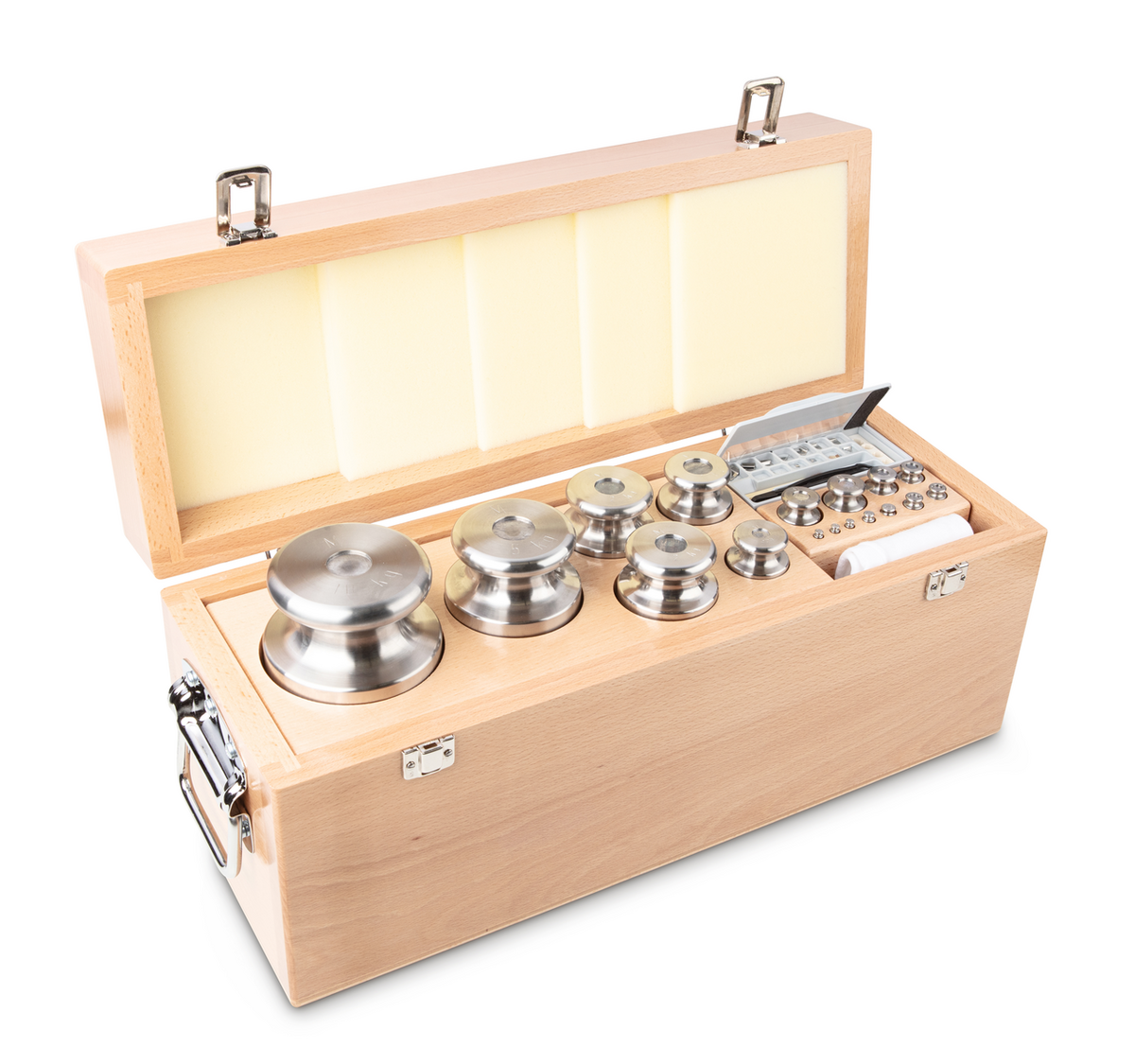 Juego de pesas patrón de  1 mg a 10 kg acero inoxidable - en estuche de madera