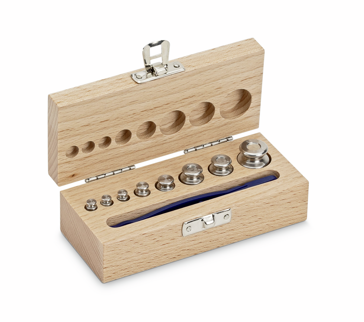 Juego de pesas patrón de acero inoxidable de 1 g a 50 g en estuche de madera