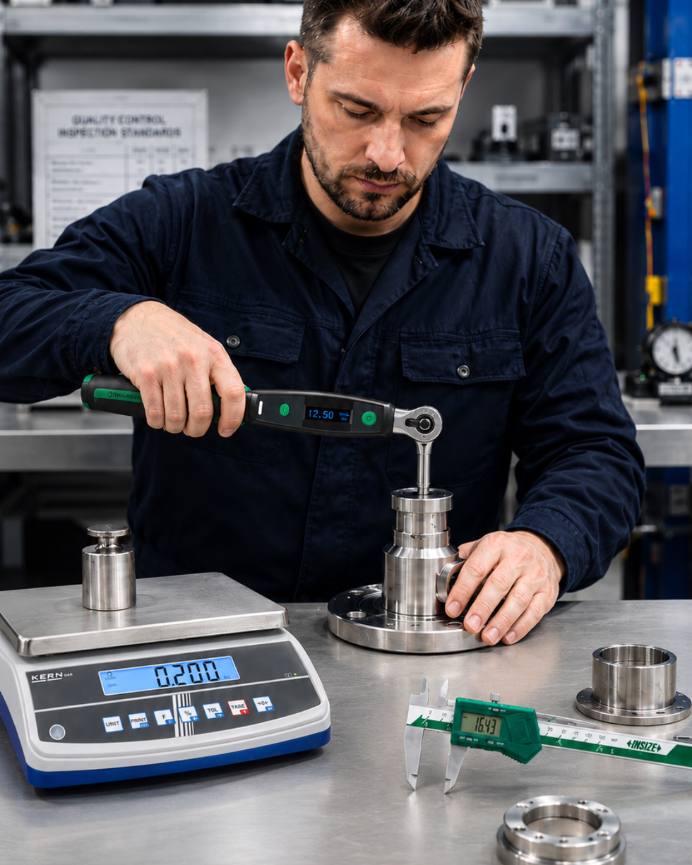Técnico usando llave de torque digital junto a balanza de precisión, calibre vernier y piezas metálicas mecanizadas sobre banco de trabajo