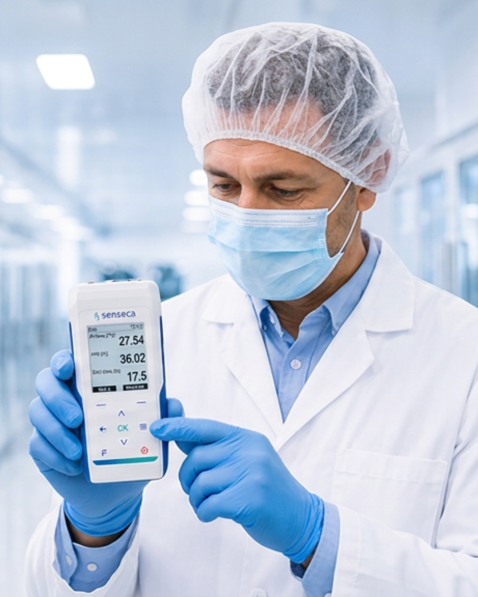 Profesional con equipo de protección individual consultando dispositivo de medición Senceca en instalación de almacenamiento en frío